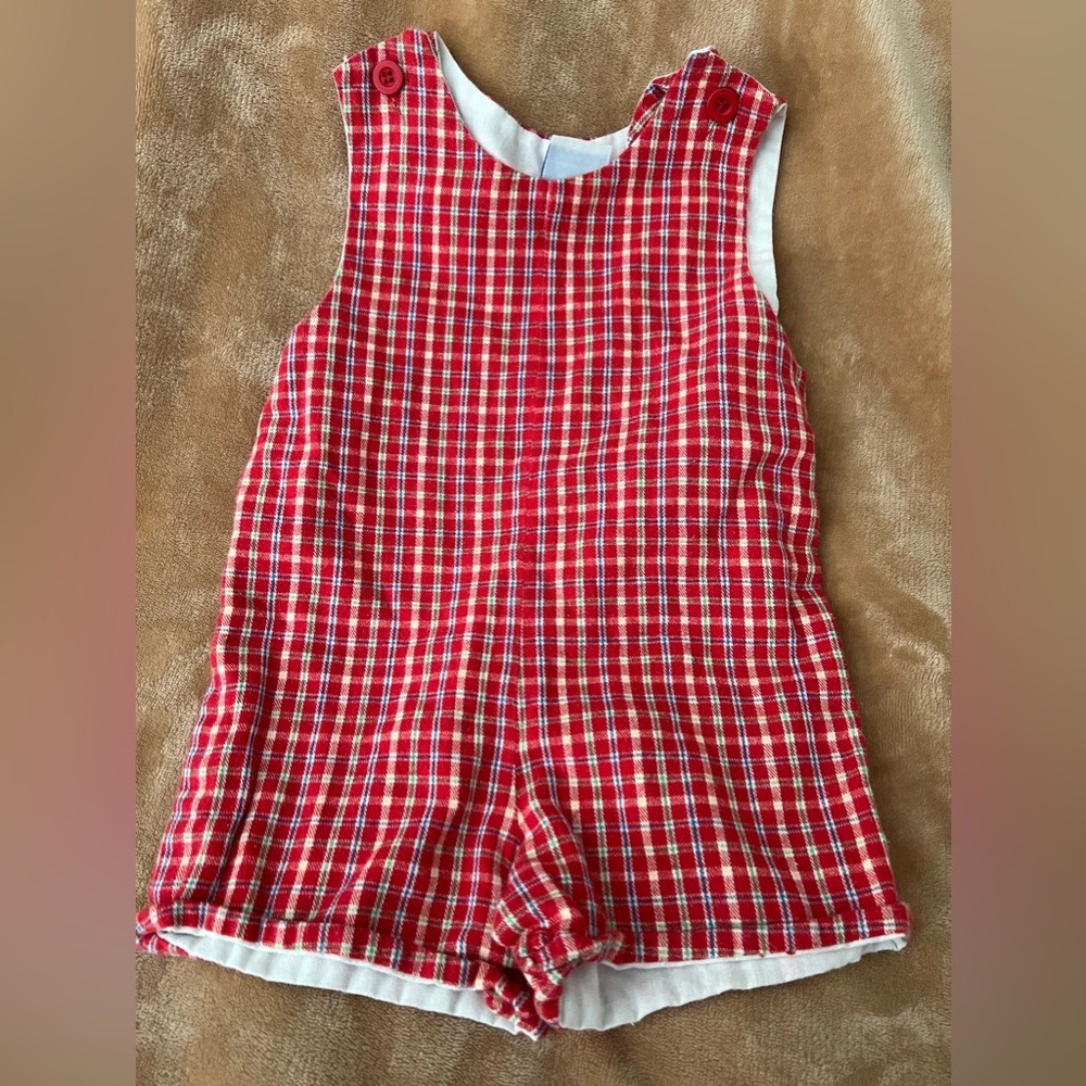 Kelly's Kids Red Plaid Jon Jon Romper Baby Boy 12M Vintage Style Cotton Check